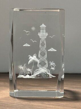 3D Lighthouse Laser Etched Lead Crystal Beveled Glass Paperweight